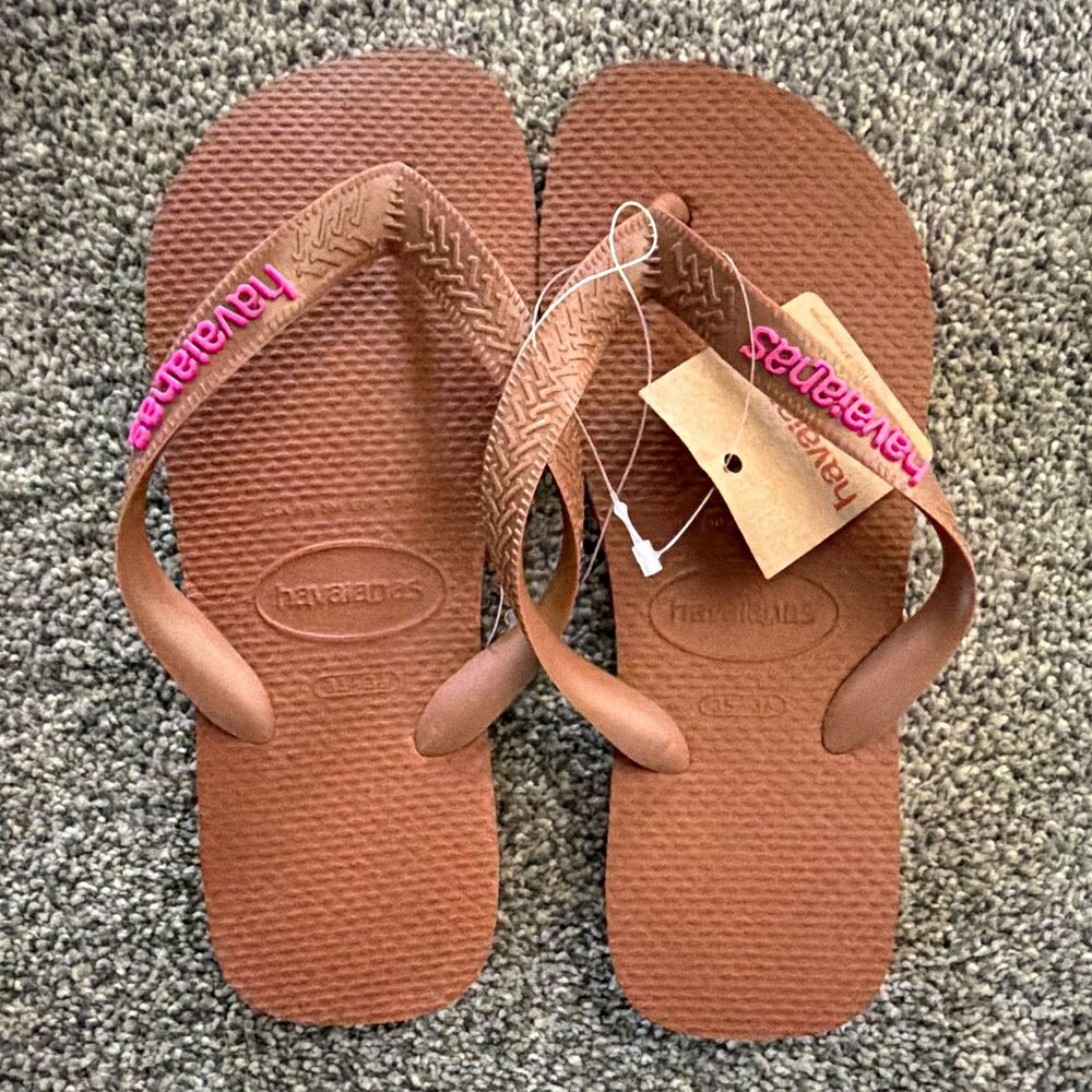 Havaianas Women's Brown/Pink Logo Flip Flop Sandals Slip-On Size 6 NWT A7